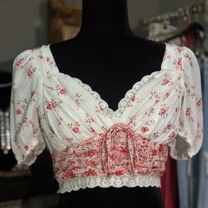 Altar'd State Floral Crop Top - Red and Off White